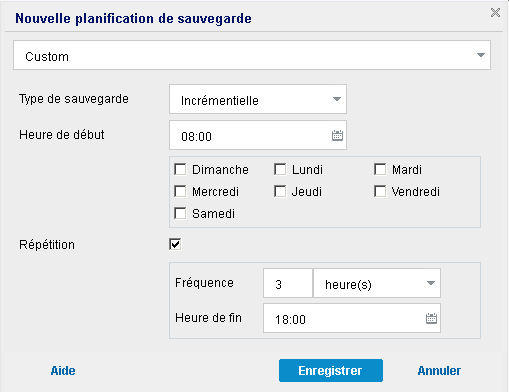 Boîte de dialogue Nouvelle planification de sauvegarde