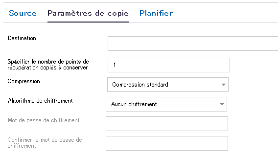 Copie des paramètres pour la copie de points de récupération