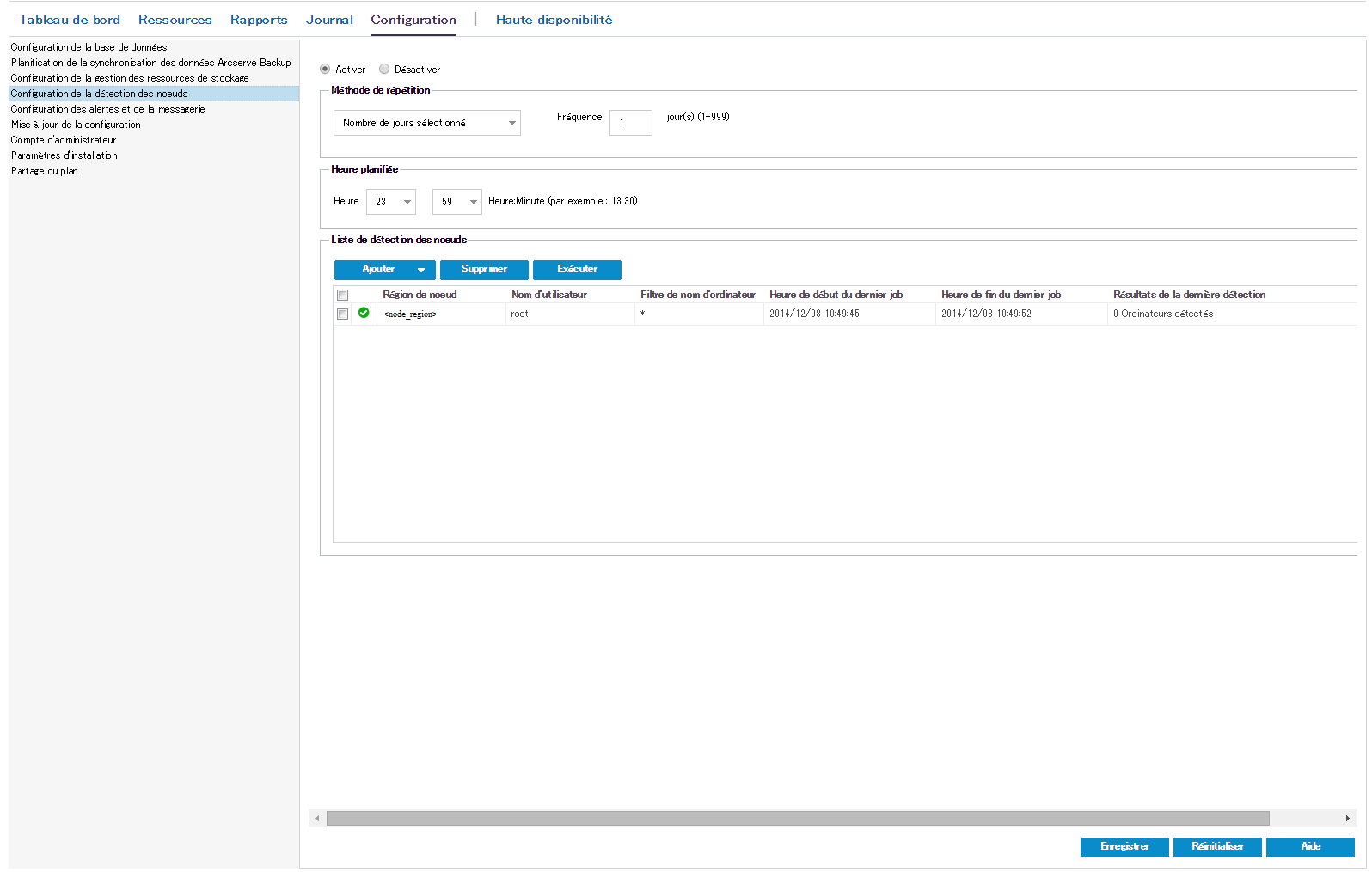 Capture d'écran de la configuration de la détection de noeuds