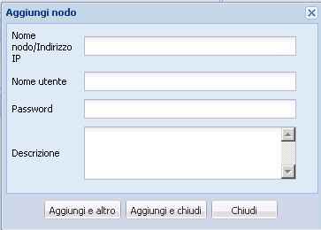 Finestra di dialogo Aggiungi nodo con l'opzione Credenziali utente root