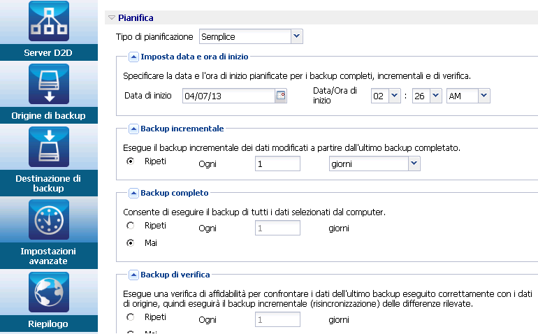 Pagina Impostazioni avanzate della procedura guidata di backup