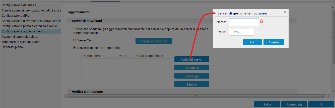 Opzione Server di gestione temporanea per la configurazione dell'aggiornamento