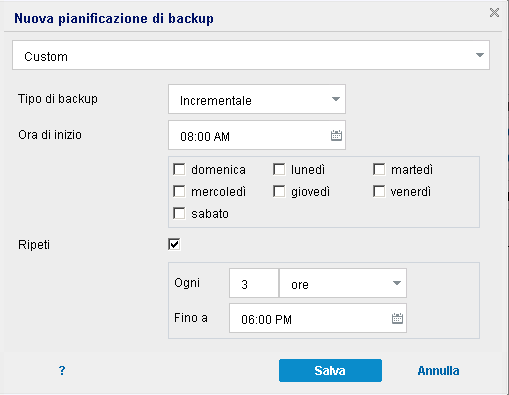 Finestra di dialogo Nuova pianificazione di backup