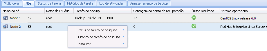 Menu de contexto da guia Nós