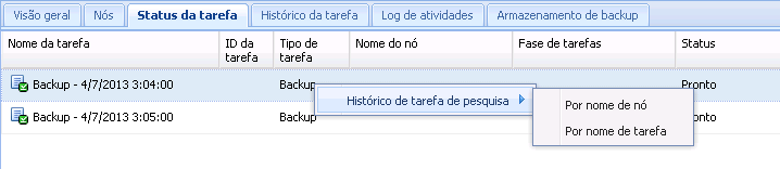 Menu de contexto da guia Status da tarefa