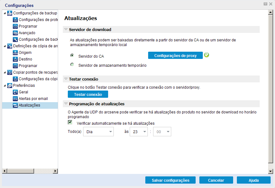 caixa de diálogo Preferences Settings - Atualizações