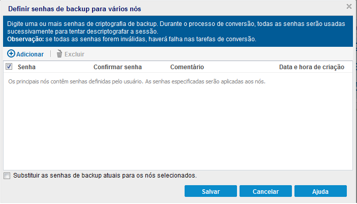 Caixa de diálogo Definir senhas de backup para vários nós.