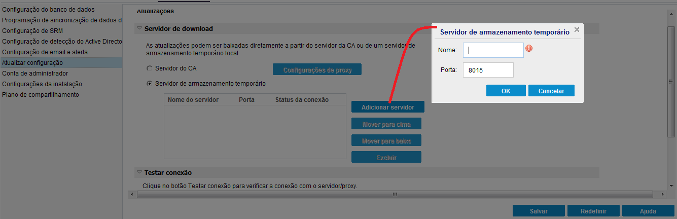 Opção Servidor de armazenamento temporário para Atualizar configuração