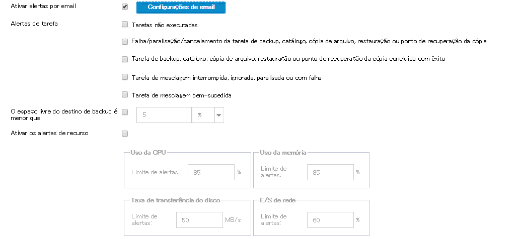 Configurações de email