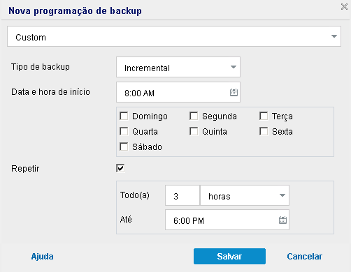 Caixa de diálogo Nova programação de backup