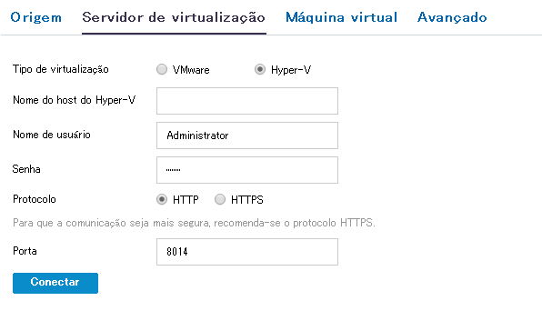 Detalhes do servidor de virtualização para Hyper-V