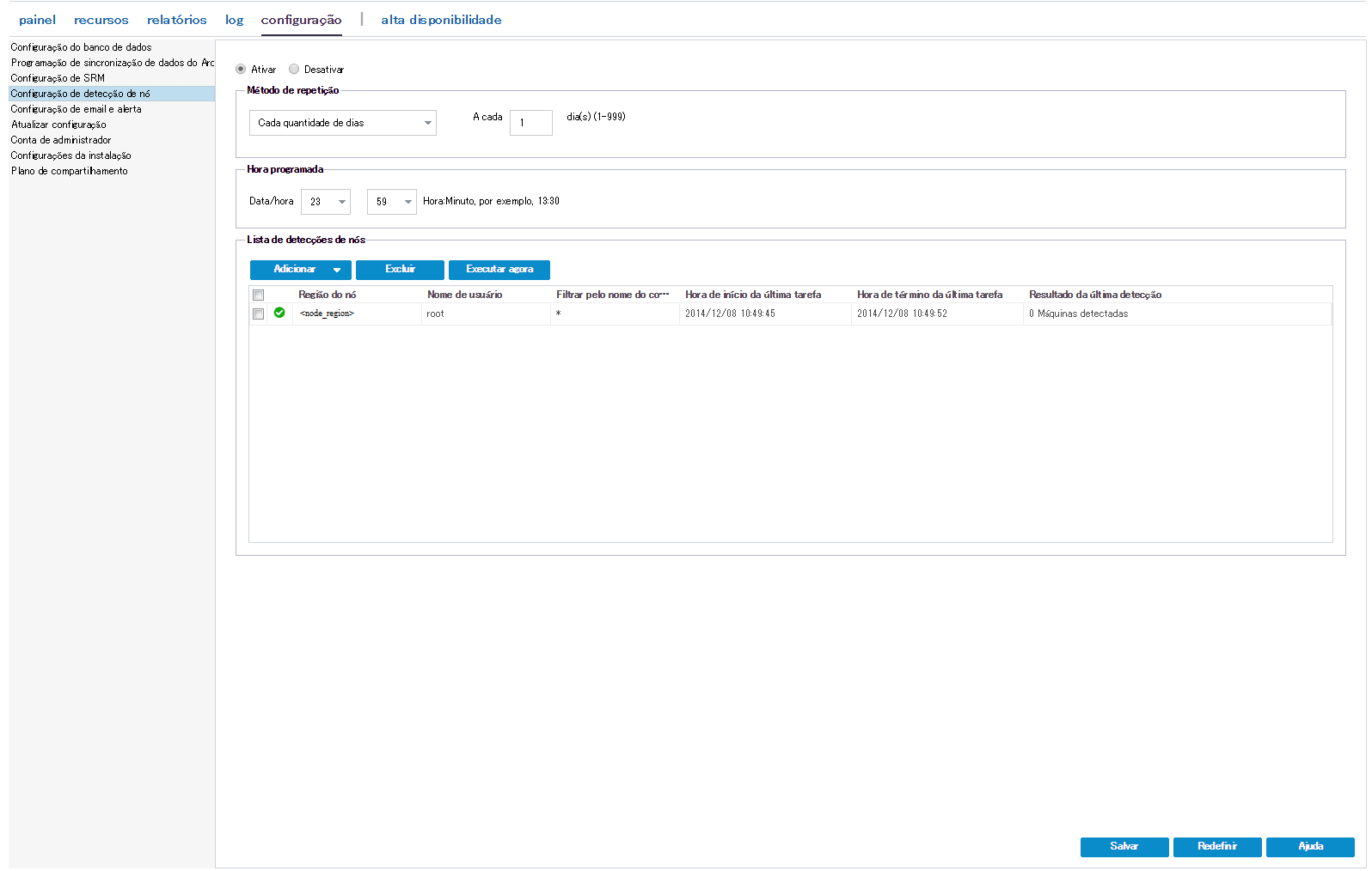 Instantâneo de configuração de detecção do nó