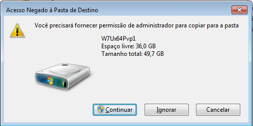Mensagem de acesso negado à pasta de destino ao usar outra conta administrativa