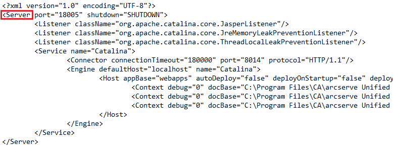 Server.xml File. The <Server> field is highlighted.