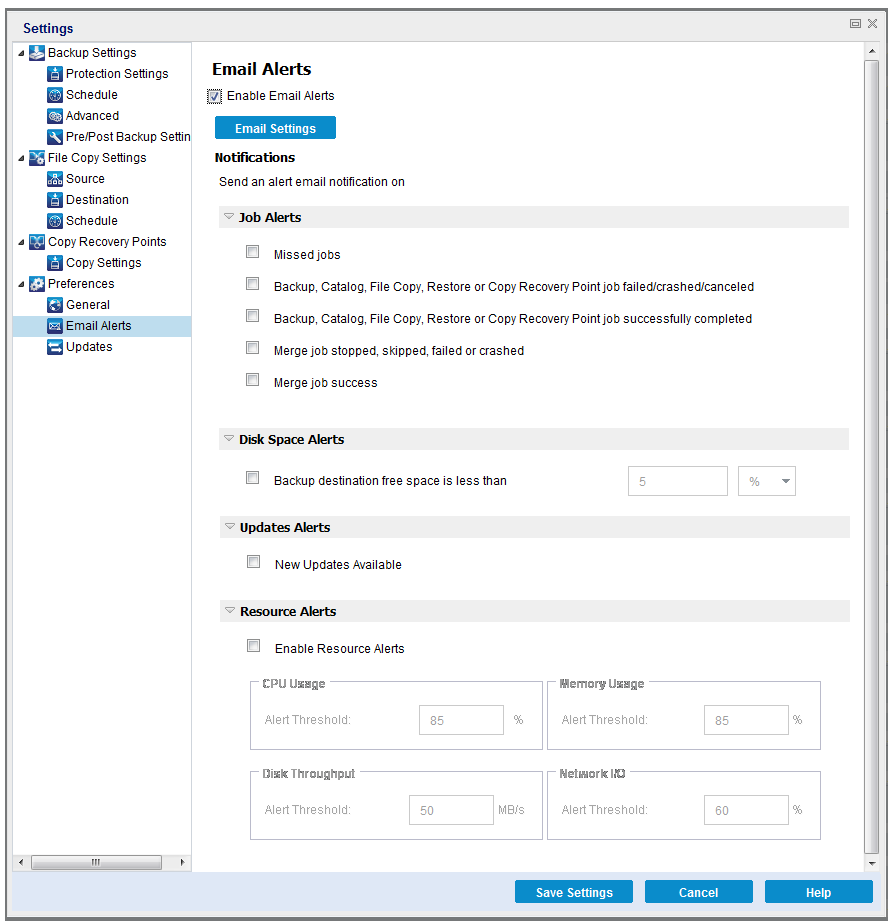 Preferences Settings - Email Alerts Dialog