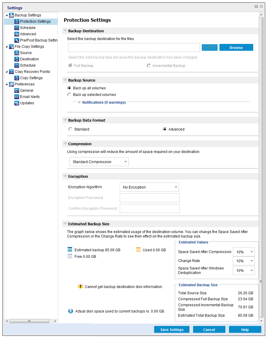 Backup Now - Protection Settings
