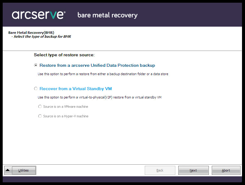 Bare Metal Recovery - Specify a Type of Recovery dialog.