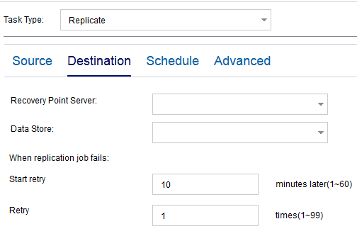 Destination tab in Replication task