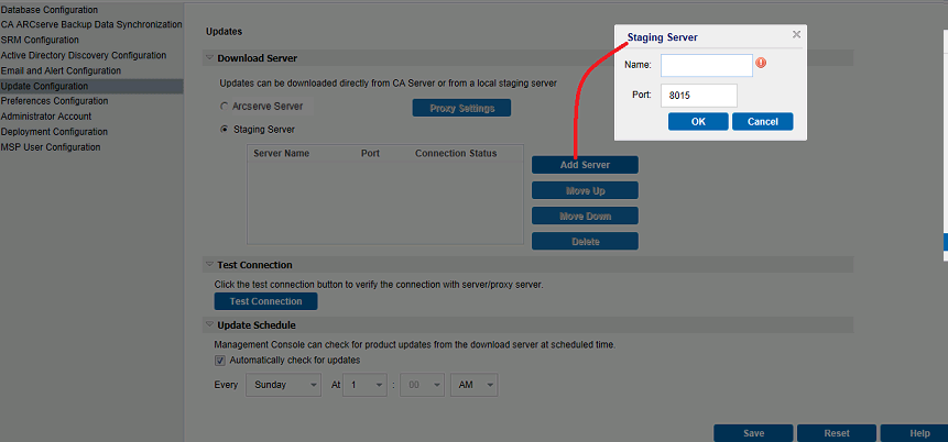 Staging Server option for Update Configuration