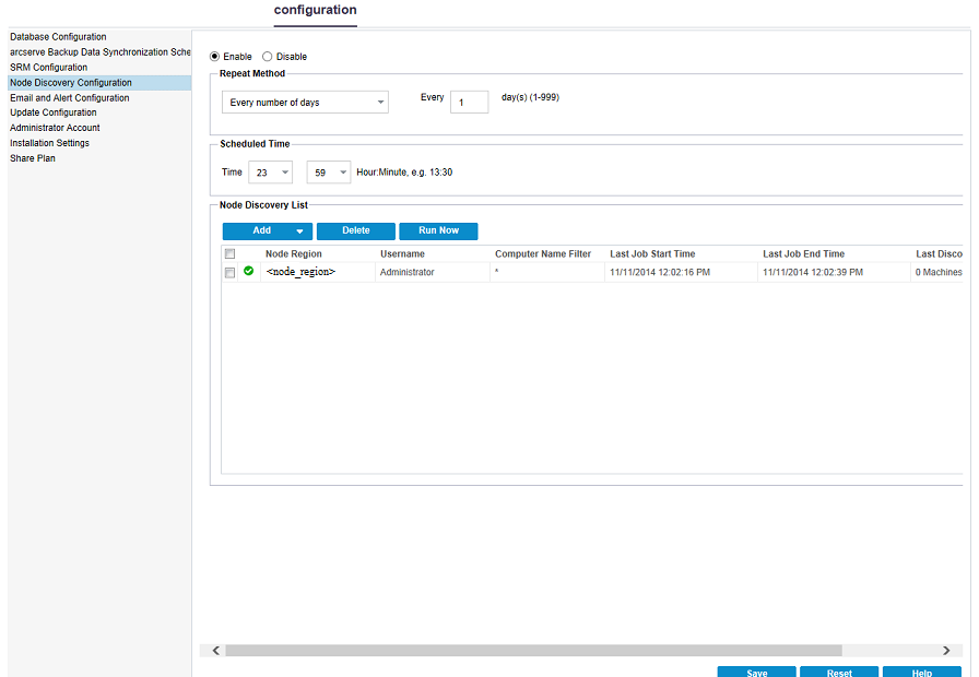 Screenshot of Node Discovery Configuration