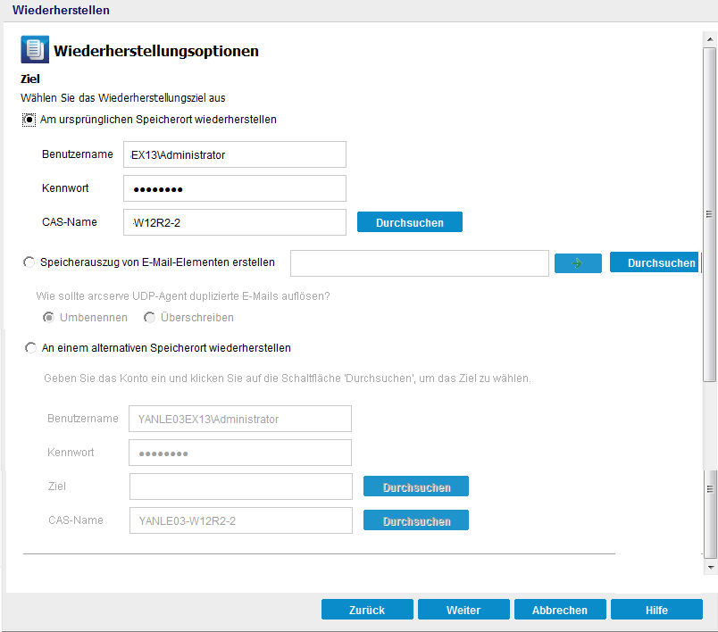 Dialogfeld "Wiederherstellungsoptionen".