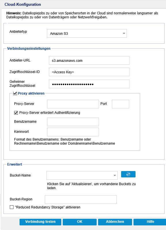 Dialogfeld "Cloud-Konfiguration" - Wiederherstellen der Dateikopie
