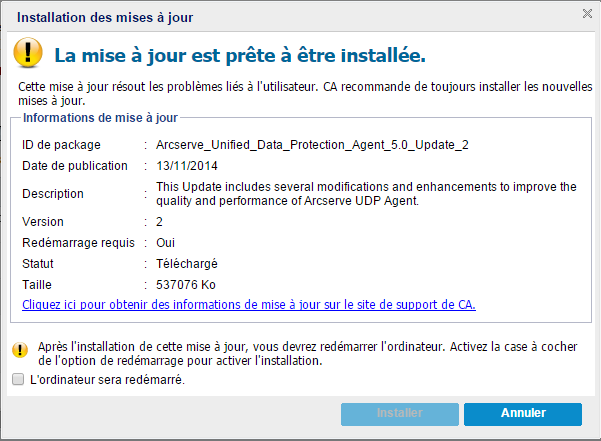 APM cad2d : Boîte de dialogue Informations de mise à jour - W