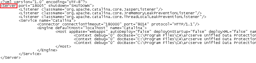 Arquivo server.xml. O campo <Server> é realçado.