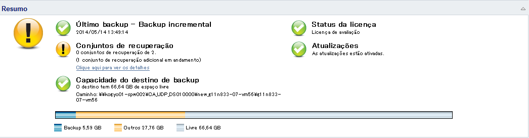 Página inicial - Visão geral dos status de backup