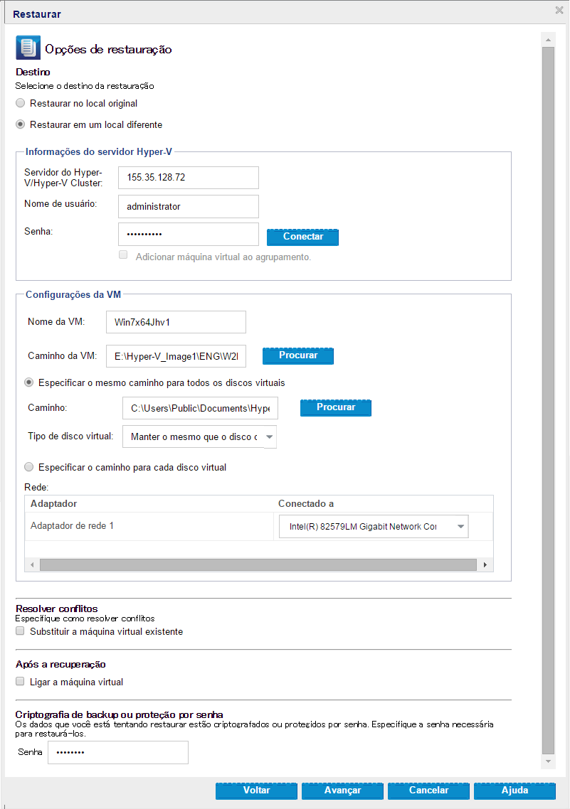 Este diagrama exibe as opções de restauração disponíveis para o local alternativo