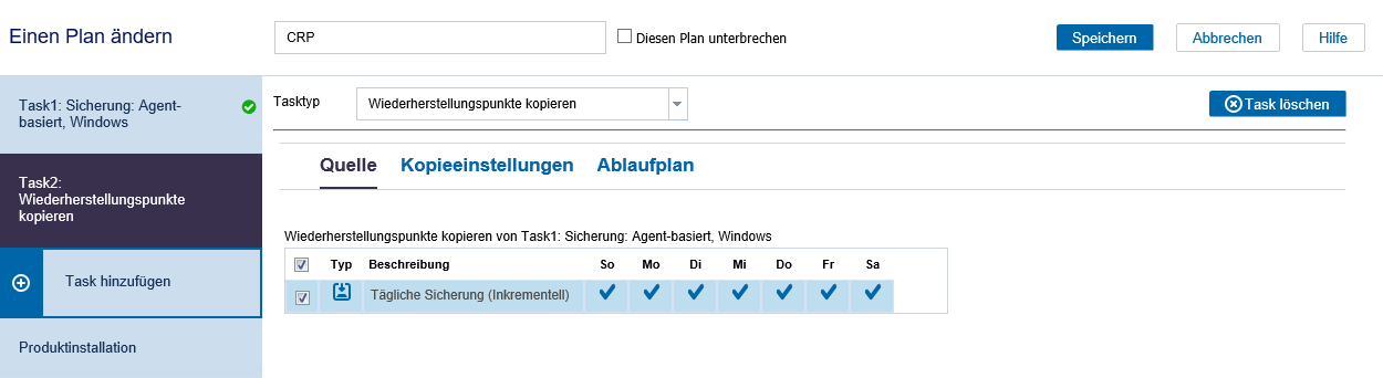 Bildschirm zum Erstellen einer Plankopie für das Kopieren von Wiederherstellungspunkten