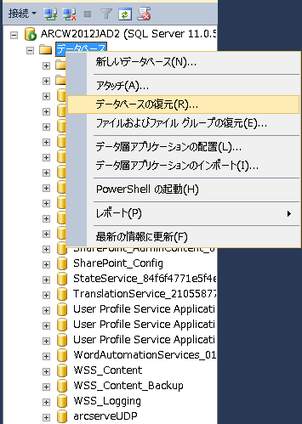 バックアップした古いデータベースのデータを、新しくインストールされた SQL Server にマイグレートする手順 1。