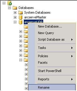 在 SQL studio 中重命名 arcserveudp 数据库