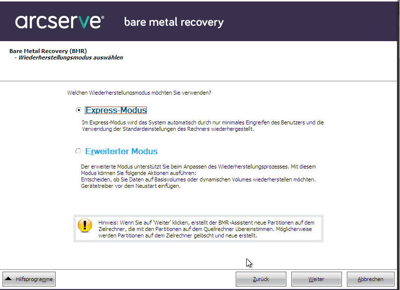 Bare-Metal-Recovery - Dialogfeld "Wiederherstellungsmodus auswählen".