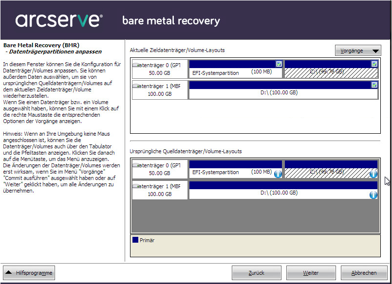 Bare-Metal-Recovery - Dialogfeld "Datenträgerpartitionen anpassen".