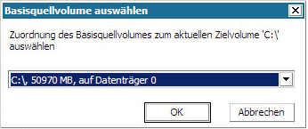 Bare-Metal-Recovery - Dialogfeld "Basisquellvolume auswählen".