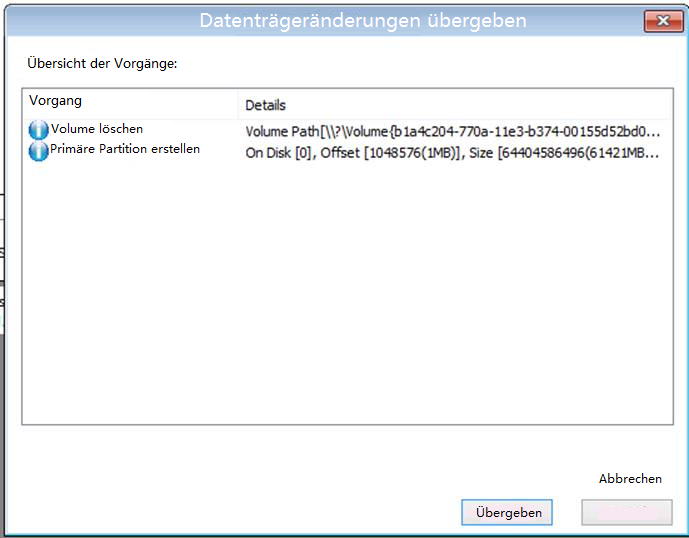 Bare-Metal-Recovery - Dialogfeld "Datenträgeränderungen übergeben".