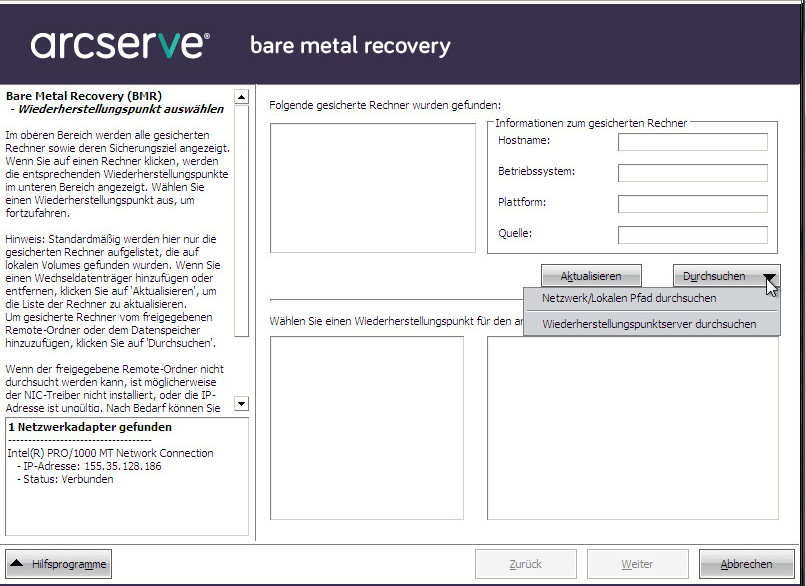 Bare-Metal-Recovery - Dialogfeld "Wiederherstellungspunkt auswählen".
