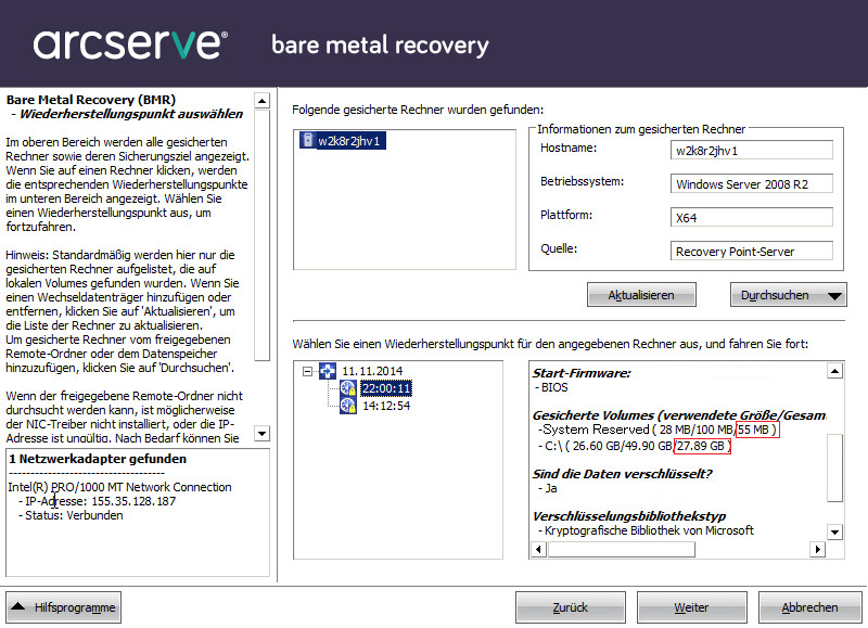 Bare-Metal-Recovery - Wiederherstellungspunkt auswählen - abgerufene Informationen.