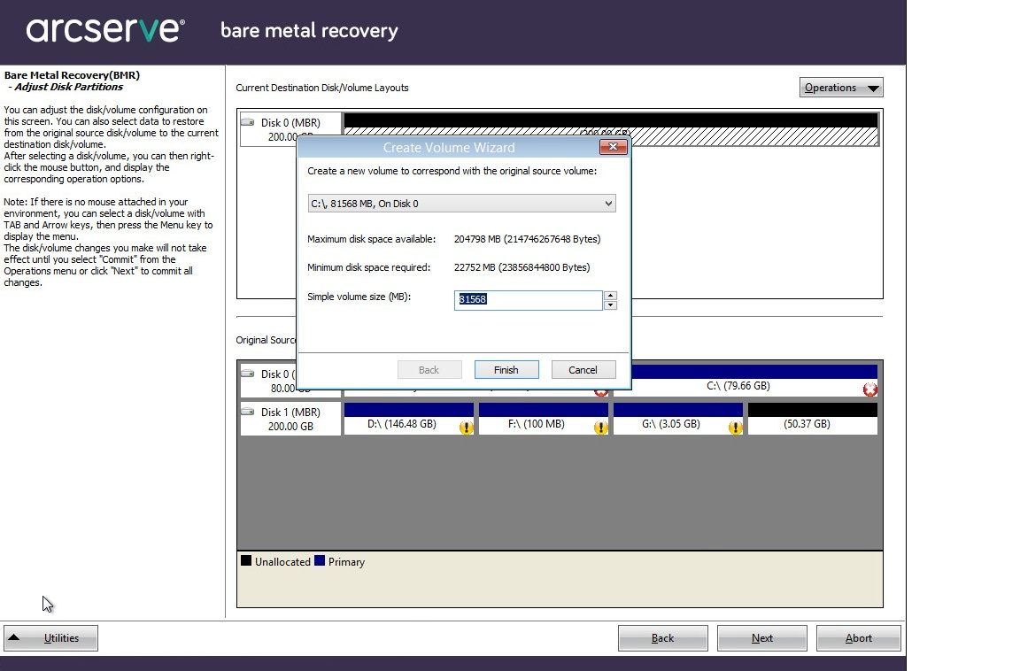 Bare-Metal-Recovery - Wiederherstellungspunkt auswählen - abgerufene Informationen.