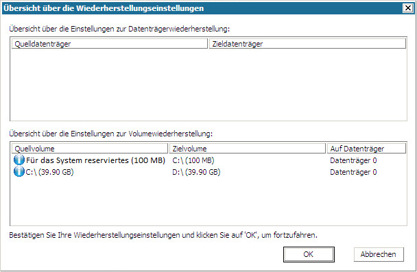Bare-Metal-Recovery - Dialogfeld "Übersicht über die Wiederherstellungseinstellungen".