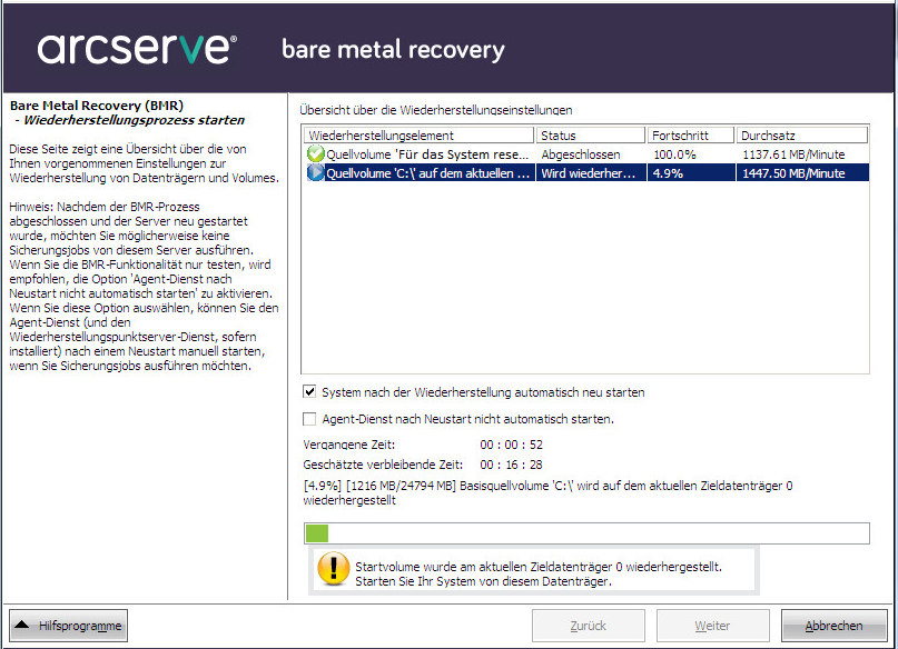 Bare-Metal-Recovery - Dialogfeld "Wiederherstellungsprozess starten".