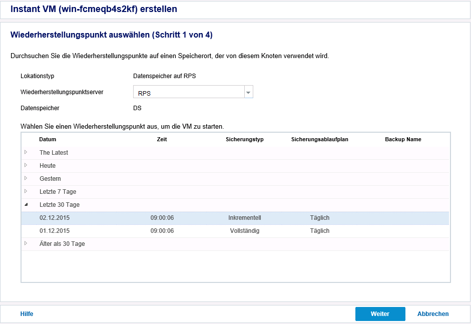 Instant VM erstellen – Wiederherstellungspunkte wählen