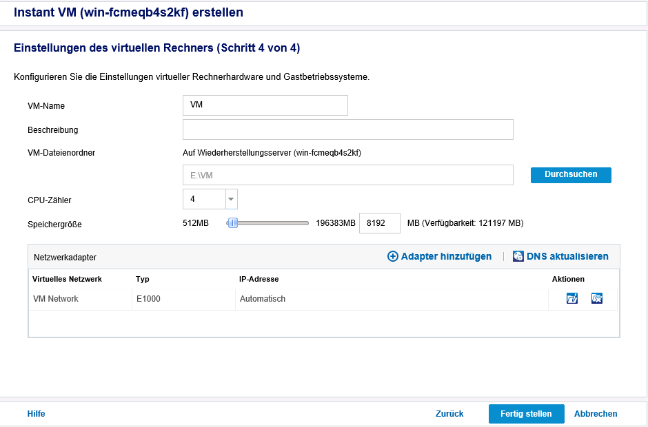 Einen anderen Netzwerkadapter für Instant VM hinzufügen