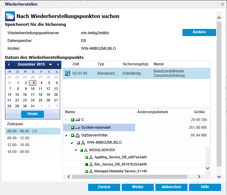 Dialogfeld "Wiederherstellungspunkte durchsuchen"