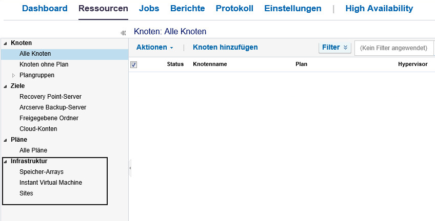 Infrastrukturverwaltungsansicht in der Konsole