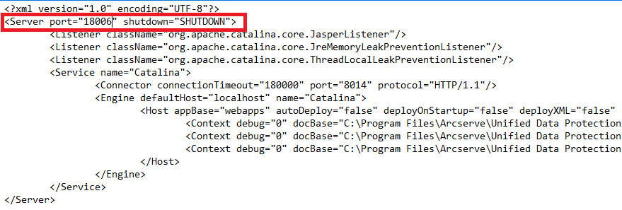 The image shows where to edit the server port in server.xml file