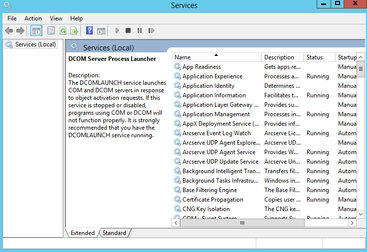 The dialog displays the services running in the Windows Services Manager.