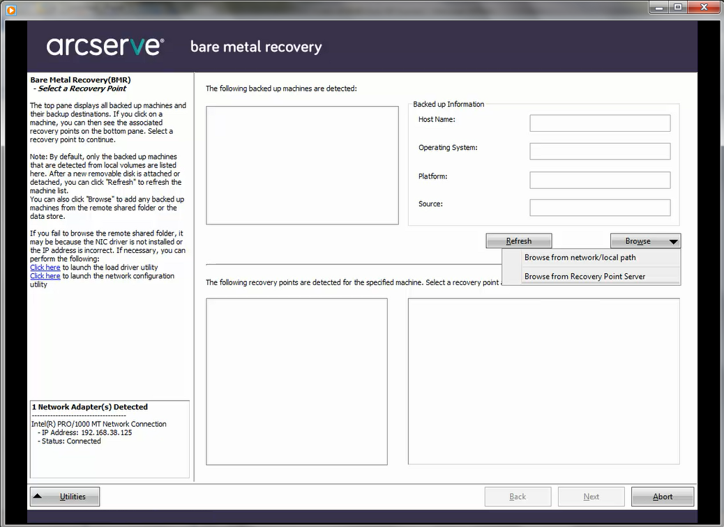Bare Metal Recovery - Specify a Recovery Point dialog.