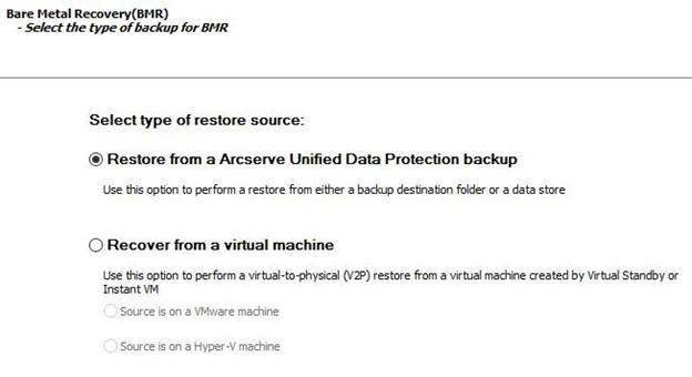 Select backup type for BMR